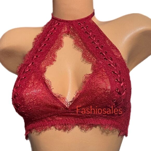 Victoria’s Secret lace up high Neck Sexy Unlined Bralette Bra Red - Picture 1 of 4